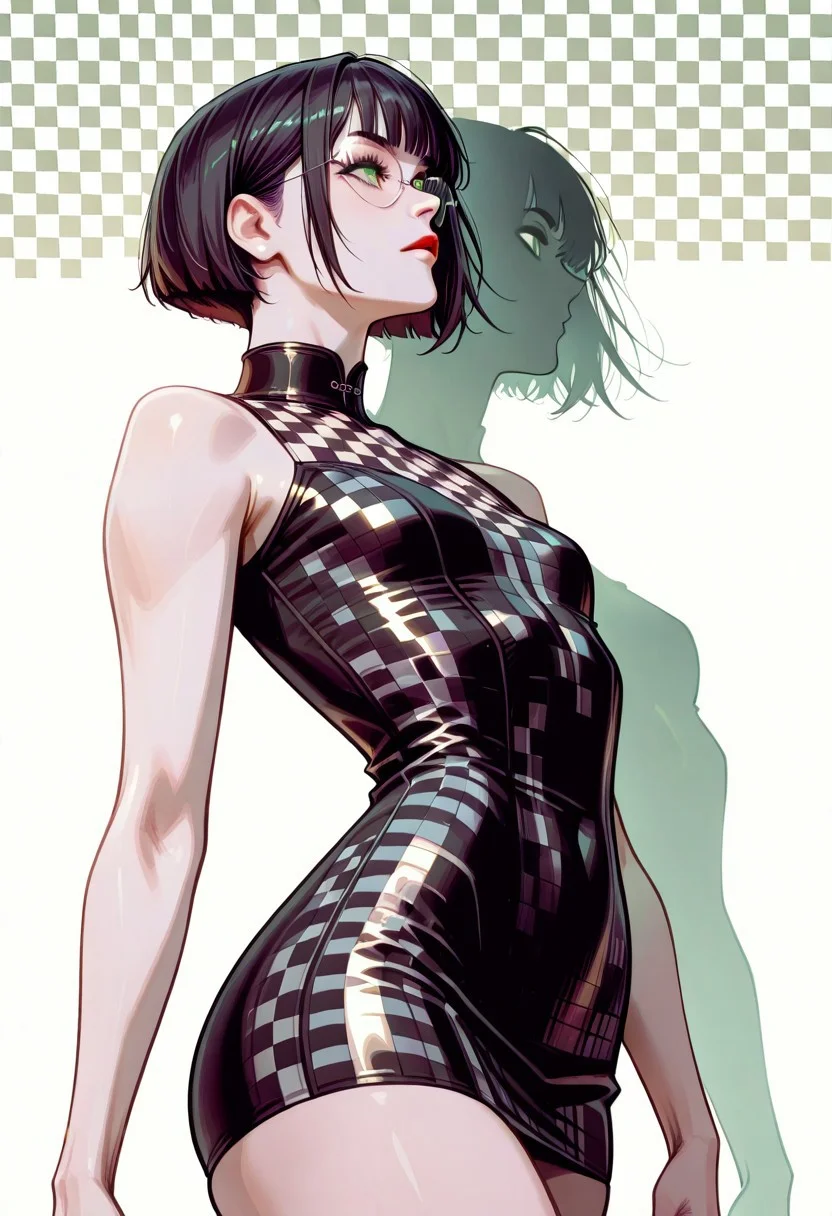 masterpiece, best quality, 32k, high resolution, absurdres, JeddtlIL, dtlys, hyper-detailed, Polly, PollyRH, short hair, bobcut, black hair, bangs, green eyes, small breasts, almost flat chest, slim, pale skin, big round eyeglasses, clear eyeglasses lenses, red lipgloss, black and white background, Checkered background, checkered tube dress, red and black dress, tight dress, pinup pose, shadow, aesthetic, cowboy shot, dynamic shot, side boreviee, profile, looking up,