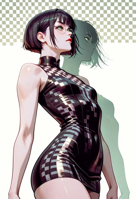 masterpiece, best quality, 32k, high resolution, absurdres, JeddtlIL, dtlys, hyper-detailed, Polly, PollyRH, short hair, bobcut, black hair, bangs, green eyes, small breasts, almost flat chest, slim, pale skin, big round eyeglasses, clear eyeglasses lenses, red lipgloss, black and white background, Checkered background, checkered tube dress, red and black dress, tight dress, pinup pose, shadow, aesthetic, cowboy shot, dynamic shot, side boreviee, profile, looking up,