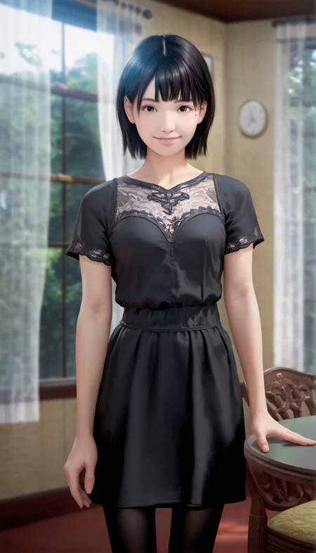 score_9,score_8_up,score_7_up,<lora:ChisatoShinjo:1>,
chisatoshinjo,
realistic,
1girl, solo, black hair, short hair, bangs, brown eyes, beauty mark, looking at viewer, smile, black blouse with lace details, black skirt, black pantyhose, cowboy shot, standing, blurry background, indoors, living room, vintage room, at a round wooden table, wooden chair, windows, sunlight through window, curtains, warm cozy atmosphere
