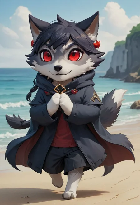 furry wolf, gray wolf, chibi, 
bad Wolf, with red eyes,  beach,
pants or shorts, furry body
full-length frontal view, flight phase during running, legs above the ground, wind blowing the cloak, fast running,
Hyperrealistic art high-quality portrait flat matte drawing of a cute Nendoroid and cartoon style, anime flat style, thick drawing, medium close-up", (solo:1.2), photorealistic:1.5, 8k, texture skin, realistic skin, detailed skin, highest detailed, extreme detailed, 8k wallpaper, colorful, (dark magic), ring with the stone, (intricate details), (hyperdetailed), 8k hdr, high detailed, lot of details, high quality, soft cinematic light, atmospheric perspective (focus on), color Ink wash painting, Extremely high-resolution details, photographic, realism pushed to extreme, fine texture, incredibly lifelike, two people, two children
