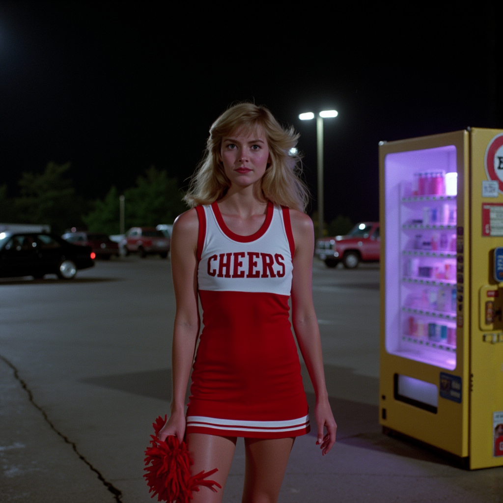 analog film photo 3/4 body shot of a perky 80s cheerleader with 80s blonde hair, glossy lips, and glazed-over eyes, standing alone in a dark high school parking lot under flickering fluorescent lights. She wears a blood-red and white cheer uniform, pom-poms at her sides, one sock slouched. Side lighting from a vending machine casts a pale pink glow. Captured on grainy 35mm film, slightly out of focus at the edges for a dreamlike analog vibe.  <lora:final-girlsv2.1:1> fgsv3 . faded film, desaturated, 35mm photo, grainy, vignette, vintage, Kodachrome, Lomography, stained, highly detailed, found footage, RAW candid cinema, 16mm, color graded portra 400 film, remarkable color, ultra realistic, textured skin, remarkable detailed pupils, realistic dull skin noise, visible skin detail, skin fuzz, dry skin, shot with cinematic camera