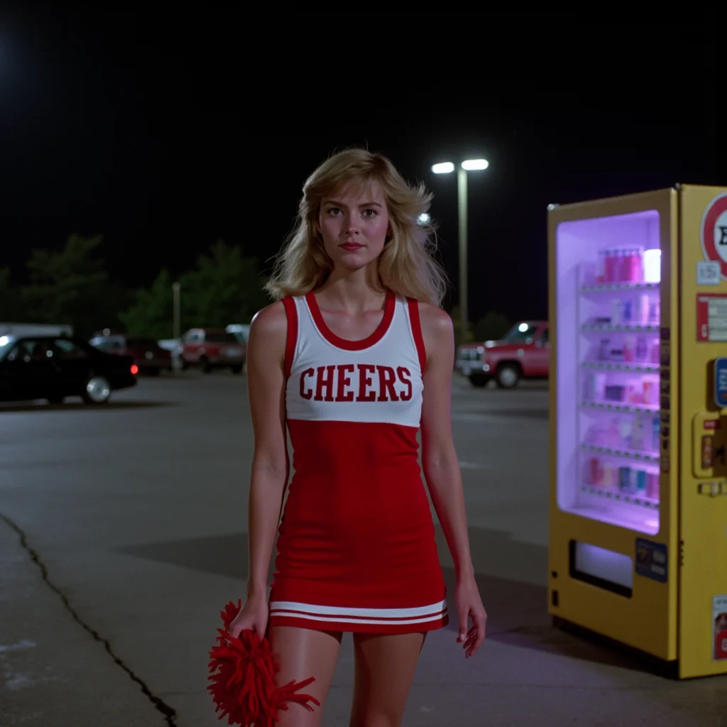 analog film photo 3/4 body shot of a perky 80s cheerleader with 80s blonde hair, glossy lips, and glazed-over eyes, standing alone in a dark high school parking lot under flickering fluorescent lights. She wears a blood-red and white cheer uniform, pom-poms at her sides, one sock slouched. Side lighting from a vending machine casts a pale pink glow. Captured on grainy 35mm film, slightly out of focus at the edges for a dreamlike analog vibe. <lora:final-girlsv2.1:1> fgsv3 . faded film, desaturated, 35mm photo, grainy, vignette, vintage, Kodachrome, Lomography, stained, highly detailed, found footage, RAW candid cinema, 16mm, color graded portra 400 film, remarkable color, ultra realistic, textured skin, remarkable detailed pupils, realistic dull skin noise, visible skin detail, skin fuzz, dry skin, shot with cinematic camera