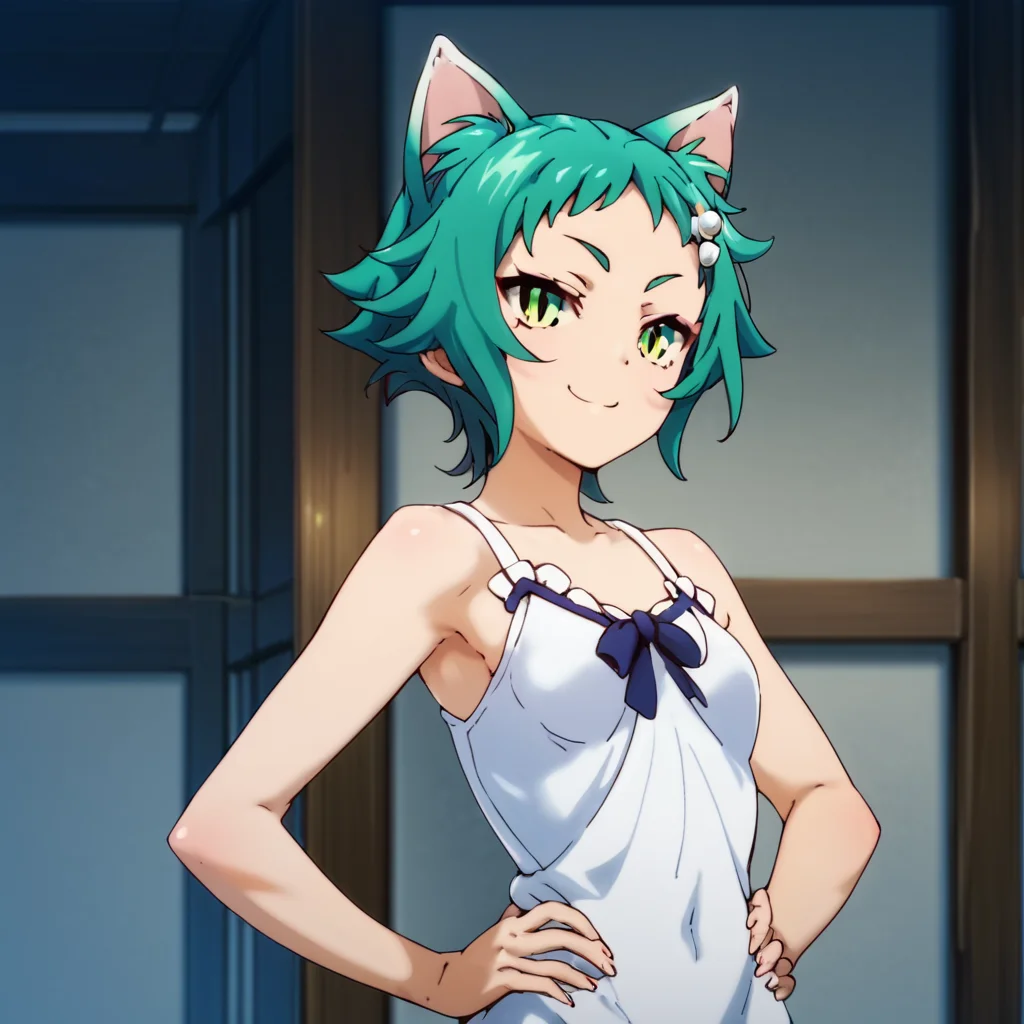 score_9, score_8_up, score_7_up, score_6_up, score_5_up, score_4_up, source_anime, , Yaya, short hair, hair ornament, green eyes, green hair, cat ears, cat girl, small breasts, , soft smile, standing, hands on hips