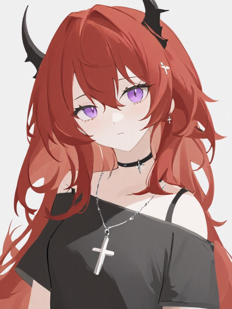 <lora:42:1>,1girl, surtr_\(arknights\), solo, horns, purple_eyes, red_hair, shirt, black_shirt, long_hair, white_background, looking_at_viewer, simple_background, cross, choker, black_choker, official_alternate_costume, necklace, off_shoulder, upper_body,  short_sleeves, skirt, jacket, cross_necklace, jewelry, black_jacket, red_skirt, bangs, hair_between_eyes, demon_horns