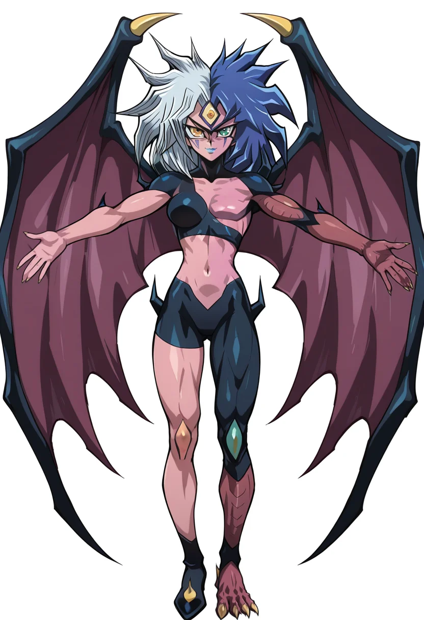 <lora:Yubel:1> multicolored hair, Yubel_GX, claws, 1girl,heterochromia,, blue lips, facial markings, third eye, wings, (solo), split-color hair, two-tone hair, multicolored hair, colored skin, navel, Pale Violet Red skin, muted skin, dusty pink skin,monster girl, split theme, clawed hand ,clawed foot, demon girl, BREAK
detailed face, (yu-gi-oh, yu-gi-oh art style, Takahiro Kagami style), toned thighs, midriff, (SFW),
masterpiece,best quality,amazing quality, (glossy lips, plush lips),
simple white background, looking at viewer, t-pose, full body, smile,