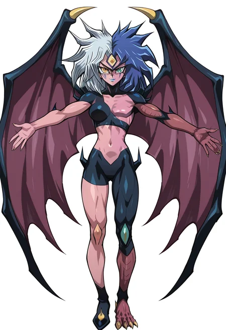 <lora:Yubel:1> multicolored hair, Yubel_GX, claws, 1girl,heterochromia,, blue lips, facial markings,  third eye, wings, (solo), split-color hair, two-tone hair, multicolored hair, colored skin, navel, Pale Violet Red skin, muted skin, dusty pink skin,monster girl, split theme, clawed hand  ,clawed foot, demon girl,  BREAK
detailed face,  (yu-gi-oh, yu-gi-oh art style, Takahiro Kagami style), toned thighs, midriff, (SFW),
masterpiece,best quality,amazing quality,  (glossy lips, plush lips),
simple white background, looking at viewer, t-pose, full body, smile,