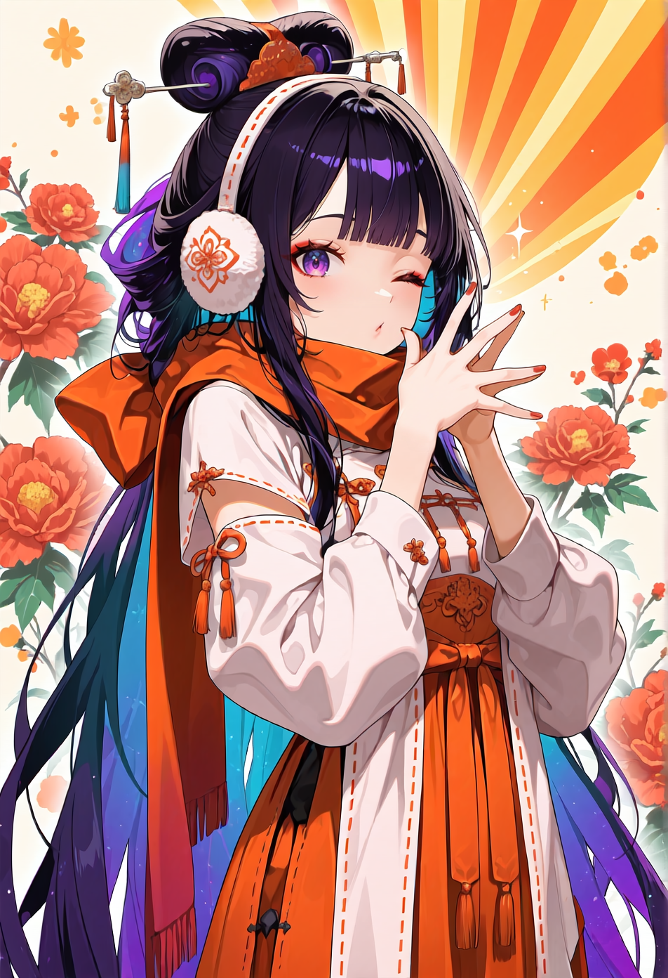 downpants, 1girl,solo,looking at viewer,purple eyes,absurdly long hair,orange,Earmuffs,hand steepled fingers ,Peony flower,updo hairstyle ,winking, happy, parted lips, blowing kiss,tassel,ribbon,cowboy shot,colorful,diagonal-striped background, multicolored hair,nail polish, fingernails,red nails, Arm harnesses, Scarf, ribbon-trimmed_dress,
<lora:cuso4XLNBVP1lokrV6311PZ:0.5>,
<lora:NOOB_vp1_detailer_by_volnovik_v1:0.5>,
<lora:TrendCraft_The_Peoples_Style_Detailer-v1.0A-3_13_2025-NoobVPRED:1>,