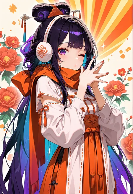 downpants, 1girl,solo,looking at viewer,purple eyes,absurdly long hair,orange,Earmuffs,hand steepled fingers ,Peony flower,updo hairstyle ,winking, happy, parted lips, blowing kiss,tassel,ribbon,cowboy shot,colorful,diagonal-striped background, multicolored hair,nail polish, fingernails,red nails, Arm harnesses, Scarf, ribbon-trimmed_dress,
<lora:cuso4XLNBVP1lokrV6311PZ:0.5>,
<lora:NOOB_vp1_detailer_by_volnovik_v1:0.5>,
<lora:TrendCraft_The_Peoples_Style_Detailer-v1.0A-3_13_2025-NoobVPRED:1>,