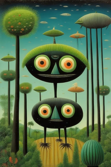<lora:Victor Brauner Style:1>Victor Brauner Style - eccentric kooky peculiar aliens invading chile. art by Henri Rousseau and junji ito. colorful and cute like mati