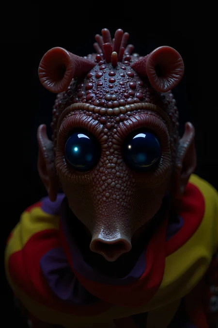A hyper-realistic portrait, photorealistic photo close-up image of A of Rodian alien man in a colorful shirt (photography, high-resolution, dynamic, energetic,hyper-realistic, dramatic lighting, shallow depth of field.), detailmaximizer, MythP0rt<lora:aidmaMJ6.1-FLUX-V0.1:0.4><lora:FluxMythP0rtr4itStyle:0.4><lora:detailed_flux_ntc:2.2><lora:aidmaImageUpgrader-FLUX-V0.1:0.65><lora:RODIAN_1:1.1>