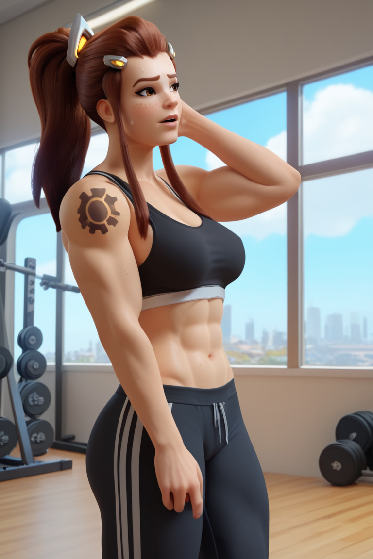 score_9, score_8_up, score_7_up, BREAK, <lora:owc-guy-PONYv1:1>, 1girl, solo, brigitte \(overwatch\), sports bra, sweatpants, striped pants, gym, indoors, window,