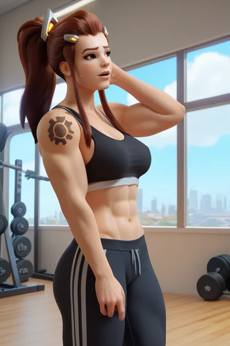 score_9, score_8_up, score_7_up, BREAK, <lora:owc-guy-PONYv1:1>, 1girl, solo, brigitte \(overwatch\), sports bra, sweatpants, striped pants, gym, indoors, window,