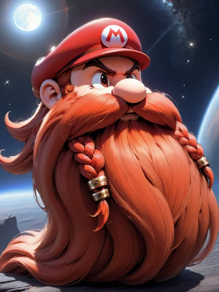 Mario's cap, Mario's hat, ultra detailed, masterpiece, Harry_Dwarf, dwarf-like, flowing long red beard, twirly moustache,bald, bangles, <lora:Harry_Dwarf_1.5:1>, back lighting, beautiful lighting, rocky planet background, galaxy in sky,
