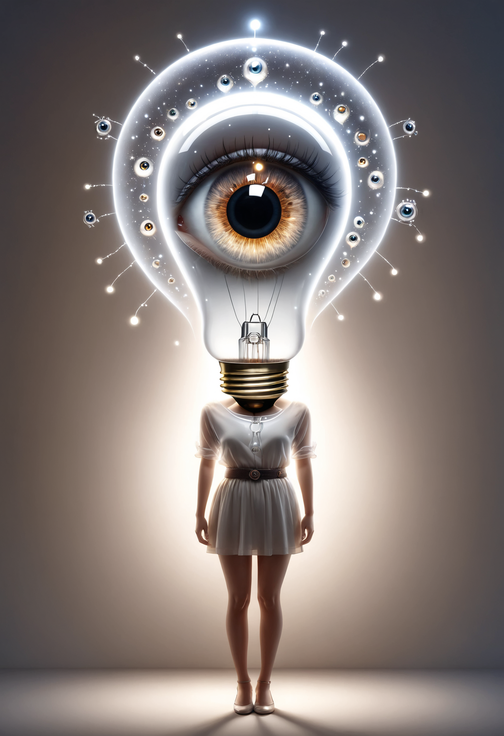 dvr-wwyt, a woman,  a lightbulb with eyes, hands on waist, closeup cute and adorable, cute big circular reflective eyes, double exposure <lora:dvr-wwyt:0.8>