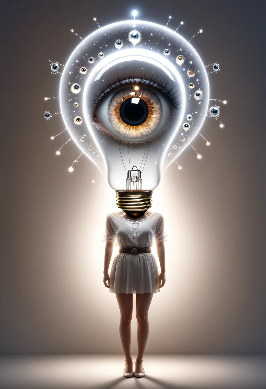 dvr-wwyt, a woman,  a lightbulb with eyes, hands on waist, closeup cute and adorable, cute big circular reflective eyes, double exposure <lora:dvr-wwyt:0.8>