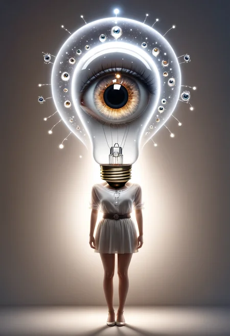 dvr-wwyt, a woman, a lightbulb with eyes, hands on waist, closeup cute and adorable, cute big circular reflective eyes, double exposure <lora:dvr-wwyt:0.8>