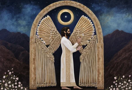moon cycle arches above Cyrus the great in a long white dress, gold scrollwork, novuschroma style