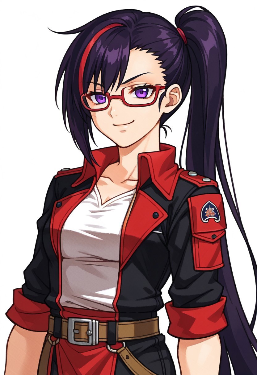 score_9, score_7_up, source_anime, BREAK solo,  <lora:zs_FE10PortraitsXL:1> fe10portraits, portrait, white background,, smug smile, 1girl, purple eyes, red-framed eyewear, black hair, red colored tips, red streaked hair, very long hair, side ponytail, tied hair, medium breasts, red colored tips, jacket on shoulders, red dress, sleeves rolled up, fingerless gloves, holster, belt, multiple belts, combat boots, pants under dress, black coat,