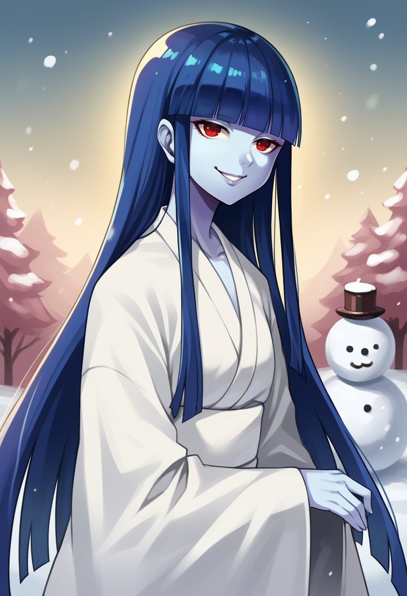 score_9, score_8_up, score_7_up, source_anime BREAK 1girl, solo,
<lora:zs_YukiJyorouXL:1> yukijyorousmt, kimono, long hair, blunt bangs, blue hair, red eyes, colored skin, blue skin, arctic, snow, snowman, 
looking at viewer, smile