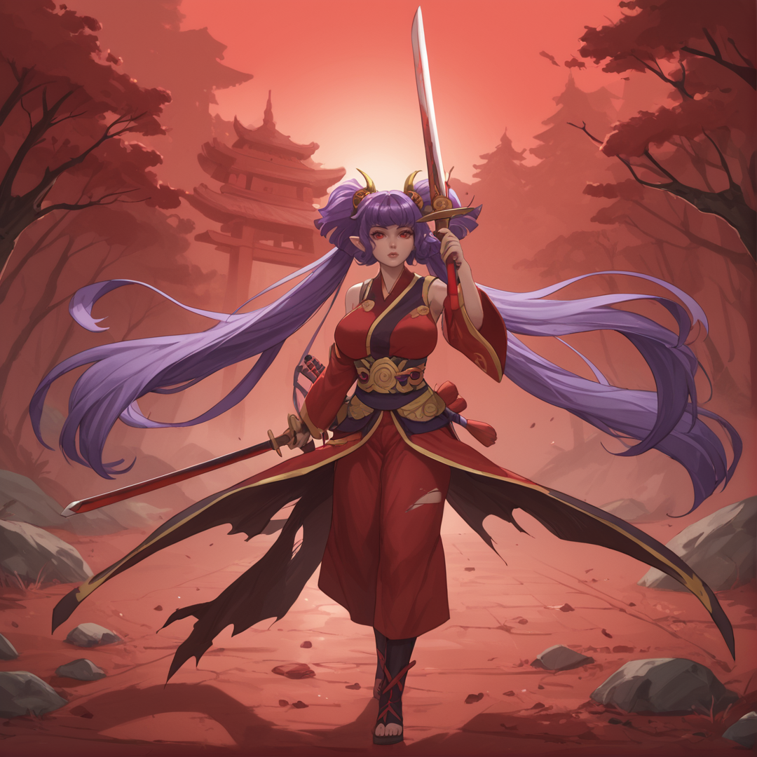 Masterpiece, high quality, score_9, score_8_up, score_7_up, 1girl, full body, red background, battlefield, shrine, mythical ruins, ancient forest, complex background, injury, torn clothes, from above, standing, holding sword, looking to the side, wind,  <lora:StS_detail_slider_release_two_v3:1> <lora:Seiten_QBG:0.8> purple hair, long hair, twintails, red eyes, pointy ears, big breasts