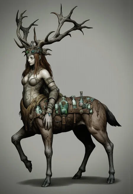 MikeFranchinastyle, Surreal art, d4artstyle, d4concept, , made of clay, aidmaMJ6.1, ZBClay model of a gray sculpture, Kentaro Miura, berserk style, ral-mold
a graceful, centaur-like figure with a fusion of humanoid and deer features, portraying a scholarly and mystical aura. The upper body is that of a human female with a calm, intelligent expression, wearing glasses and a fitted academic outfit with a vest and sleeves. Her hair is long, flowing, and auburn, complementing her serene look. Branching from her head are majestic antlers, detailed and natural, adding a woodland charm.
The lower half is that of a deer, muscular yet elegant, with a fur coat in soft brown tones. Various potion vials and small tools are strapped around her deer torso in leather harnesses, hinting at her expertise in alchemy or herbalism. She exudes a friendly, approachable energy. The overall palette is earthy with hints of green, and the style has clean, soft shading, evoking a blend of fantasy and academia.
Background solid color with a faded dimly lit, black-covered darkness tone that emphasizes its silhouette. The medium is not a traditional painting or illustrative medium like watercolor or ink but rather a digital rendering, eerie and unsettling.