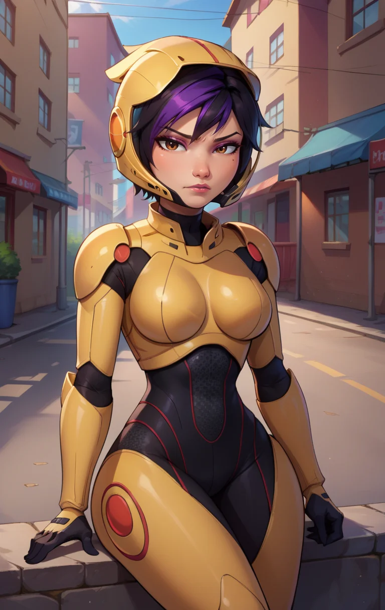score_9, score_8_up, score_7_up, BREAK, <lora:Gogotomago:0.8> gogotomago, 1girl, solo, short hair, simple background, black hair, brown eyes, purple hair, bodysuit, helmet, cowboy shot, street background, wide hips, medium breasts, detailed, sitting