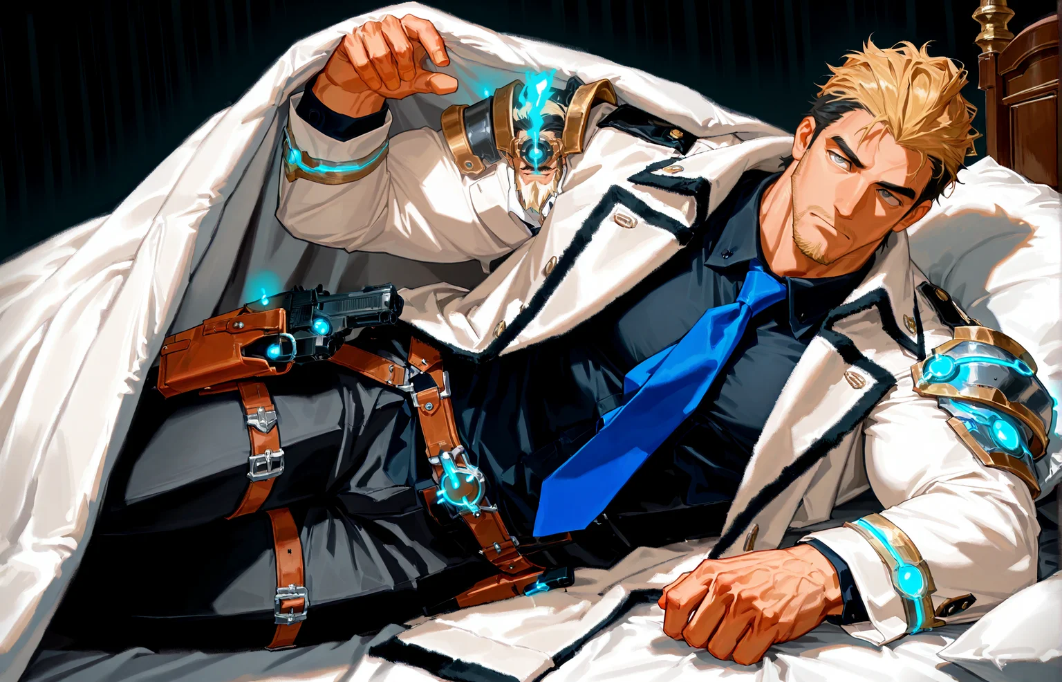 1300 <lora:pose_LoRAUnderCoversNoobAIXLPred:1> under covers, 1boy, solo, pov, male focus, under covers, lying, under covers, lying, on side, on bed, pillow, looking at viewer,
<lora:Justin__Alchemist_Code-000003:.7>, tagatamejustin, 1boy, two-tone hair (blonde and black), slicked back hair, grey eyes, moustache, solo, male focus, manly, bara, muscle body, mature male, coat, long sleeves, collared shirt, tie, shoulder armor, glowing, gun, gun holster, belt, pants, shoes,
cowboy shot,
(very short hair, beard, bara, mature, facial hair, stubble, beard, full beard, sideburn, beard, a lot of beard, ), facial hair,male focus, muscular male, muscular male, bara, mature, bara, mature, aixiwuganda_(20222192), very awa, masterpiece, best quality, absurdres, newest, perfect quality, detailed background, intricate details,
<lora:slider_Body Type_alpha1.0_rank4_noxattn_last:3><lora:Anime Summer Days 2 Style SDXL_LoRA_Pony Diffusion V6 XL:.6><lora:slider_cfg_scale_boost:.7><lora:Artist6p:.55>, Artist6p, Artist04p,<lora:slider_il_brightness_slider_d1:-1><lora:slider_il_contrast_slider_d1:-1><lora:slider_DarkSlider1.2_alpha1.0_rank16_full_300steps:-.6><lora:slider_contract_controller_illus01_v1:.5>,