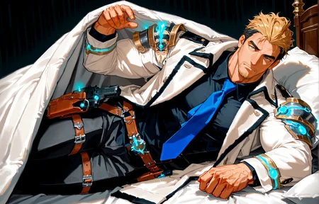 1300 <lora:pose_LoRAUnderCoversNoobAIXLPred:1> under covers, 1boy, solo, pov, male focus, under covers, lying, under covers, lying, on side, on bed, pillow, looking at viewer, 
<lora:Justin__Alchemist_Code-000003:.7>, tagatamejustin, 1boy, two-tone hair (blonde and black), slicked back hair, grey eyes, moustache, solo, male focus, manly, bara, muscle body, mature male, coat, long sleeves, collared shirt, tie, shoulder armor, glowing, gun, gun holster, belt, pants, shoes,
cowboy shot,
(very short hair, beard, bara, mature, facial hair, stubble, beard, full beard, sideburn, beard, a lot of beard, ), facial hair,male focus, muscular male, muscular male, bara, mature,  bara, mature, aixiwuganda_(20222192), very awa, masterpiece, best quality, absurdres, newest, perfect quality, detailed background, intricate details,
<lora:slider_Body Type_alpha1.0_rank4_noxattn_last:3><lora:Anime Summer Days 2 Style SDXL_LoRA_Pony Diffusion V6 XL:.6><lora:slider_cfg_scale_boost:.7><lora:Artist6p:.55>, Artist6p, Artist04p,<lora:slider_il_brightness_slider_d1:-1><lora:slider_il_contrast_slider_d1:-1><lora:slider_DarkSlider1.2_alpha1.0_rank16_full_300steps:-.6><lora:slider_contract_controller_illus01_v1:.5>,