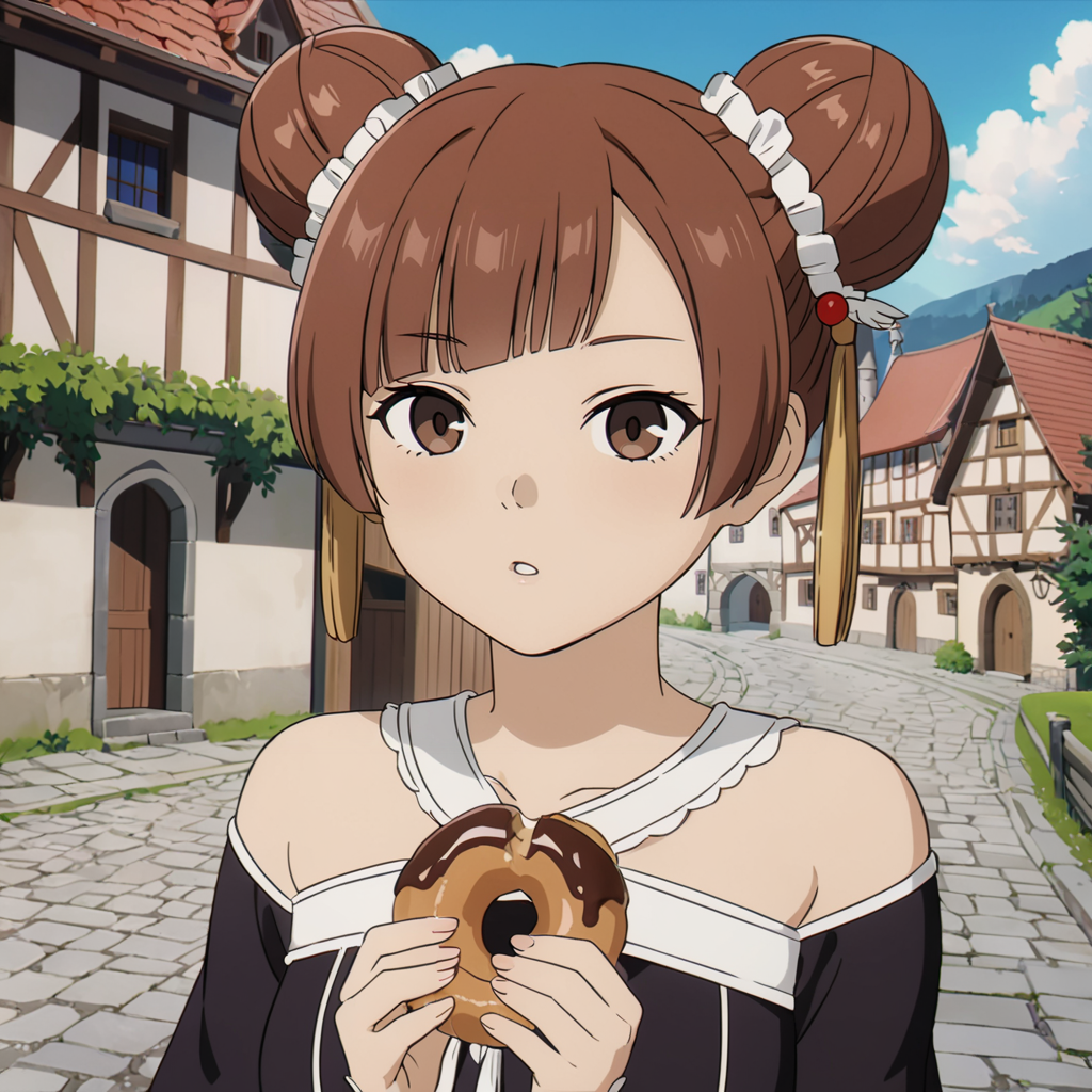 <lora:LaufenXL002>,<lora:DetailedEyes_V3:1.6>,looking at viewer,
solo,
anime screencap,
Laufen,1girl,brown hair,double bun,brown eyes,hair_ornament,
black dress,bare shoulders,
medieval town,doughnut,eating,parted lips,holding,