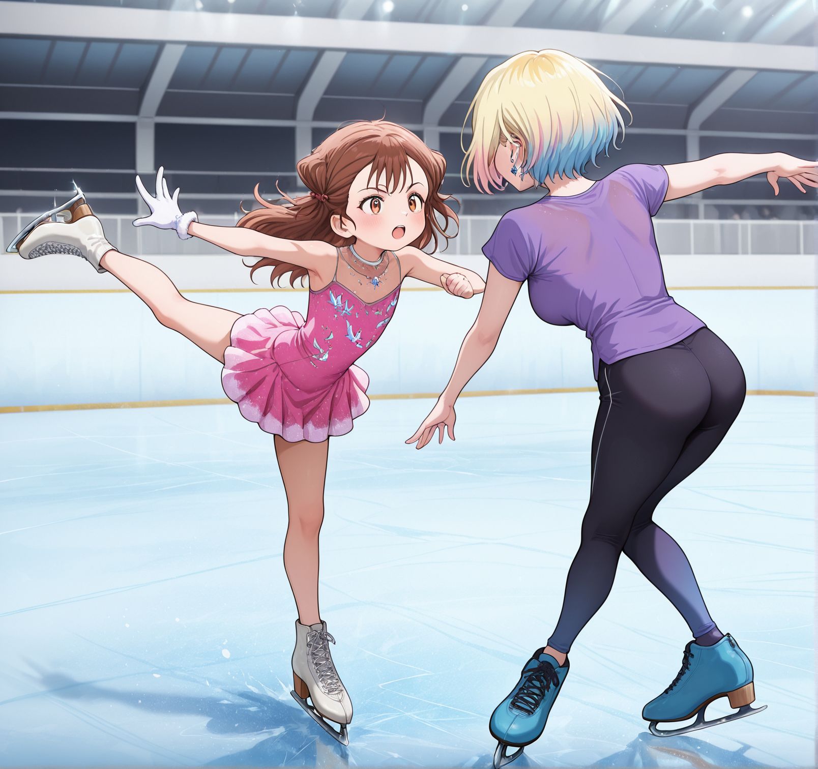 masterpiece,best quality,amazing quality,very aesthetic,absurdres,newest, huge filesize,
<lora:spo_sdxl_10ep_4k-data_lora_webui:0.5>,
<lora:add-detail-xl:1>
2girls, standing,Ice skating ,
BREAK
2girls, standing,Ice skating ,
<lora:MedalistV1:1>MedalistV1,
m_miketa,
pink dress,bare shoulders, 
brown hair,
white gloves,
ice skates,
Ice skating rink,
BREAK
2girls, standing,Ice skating ,
Ice skating rink,
m_nachi,
earrings,
jewelry, mature , 
blonde hair, long sleeves, 
Layered black Running Shorts with Leggings,
blue shoes,
short hair, multiple color hair,
short sleeves, purple  shirt,
bare arms,