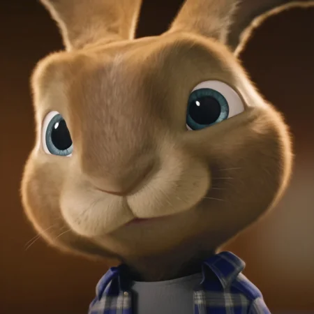 EB, Bunny, Male, 3D, blue eyes, CGI, detailed fur, 4K, plaid blue jacket, gray shirt, feral, best quality, high quality, absurd res, detailed,