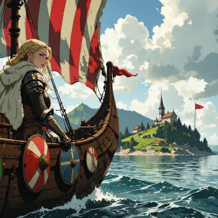 Close up shot. Image is a high resolution anime style artwork featuring a beautiful viking female character on a longship in the middle of the sea. Off in the distance is a beautiful and serene island with a rural village. At the front of the viking longship is the female viking clad in simple chainmail armor with a red and white striped talbard over it and a fur cloak. She has an exotic braided blond hairstyle with brown eyes. Her expression is a sinister one of a yandere. The longship has different colorful round shields along the side of it with a striped red and white sail. In the background is fog, a small village, open ocean, grassy island, small monestary,  <lora:RealAnimeFLUX:0.9> <lora:RM_Illustrify_v1.0MFLUX:0.5>