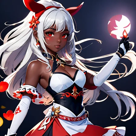 1girl, 3d, black background, cowboy shot, dark skin, dress, fingerless gloves, genshin_mualani, gloves, hair ornament, long hair, profile, red eyes, sandals, simple background, skirt, solo, white gloves, white hair <lora:Genshin_Mualani_pony:1> <lora:aidma-Image Upgrader-v0.1:1> perfect hands <lora:MHXL_Scrantelly_Slimjane:.5>