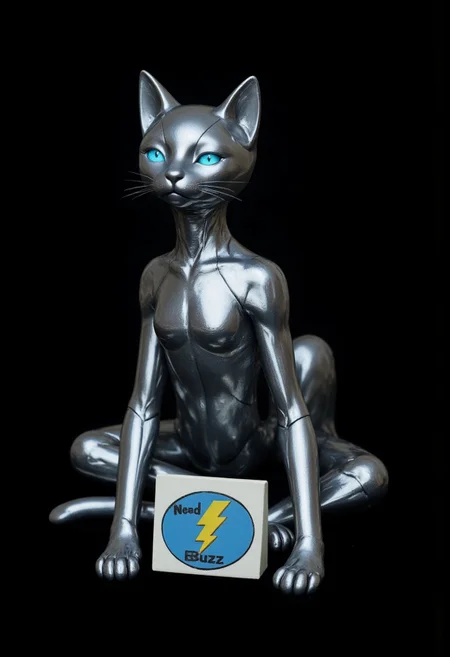 ((aidmaimageupgrader))
A hyper-realistic, ultra-detailed image of a futuristic chrome cat with a smooth, reflective silver body. Its eyes glow soft blue, and it sits with a subtle tilt of its head. Between its paws is a small sign with a blue and yellow thunderbolt symbol, reading ‘Need Buzz.’ The background is a solid black color, giving a contrast to the cat. The cat’s simple design and quiet expression give it a charming, modern feel.