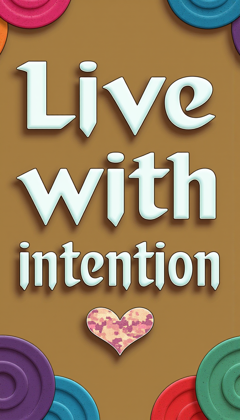 <lora:SC2Font:1>A (Khaki colored:1.4) SC2StyleFont text that says "Live with intention" in white gold style letters over a colorful abstract background