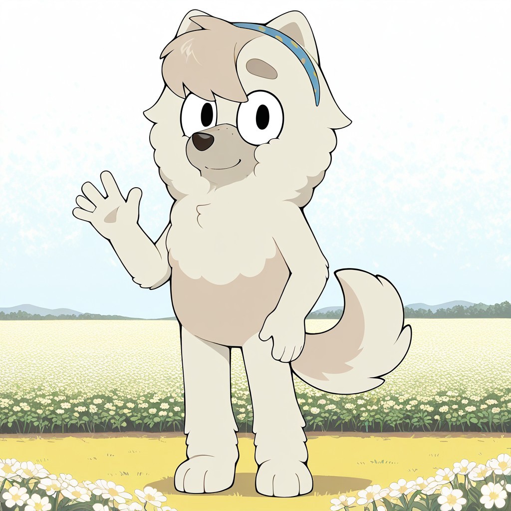 Judo(B), Solo, 1girl, anthro, female furry, dog girl, chow chow, white and gray fur, fluffy fur, bangs, fluffy tail, black eyes, freckles, blue and yellow hairband, looking at viewer, full body, standing, smile, waving at viewer, flower field background,