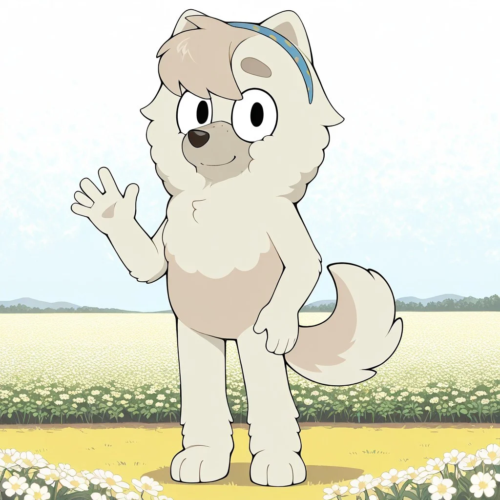 Judo(B), Solo, 1girl, anthro, female furry, dog girl, chow chow, white and gray fur, fluffy fur, bangs, fluffy tail, black eyes, freckles, blue and yellow hairband, looking at viewer, full body, standing, smile, waving at viewer, flower field background,