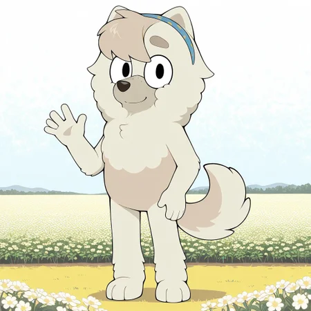Judo(B), Solo, 1girl, anthro, female furry, dog girl, chow chow, white and gray fur, fluffy fur, bangs, fluffy tail, black eyes, freckles, blue and yellow hairband, looking at viewer, full body, standing, smile, waving at viewer, flower field background,