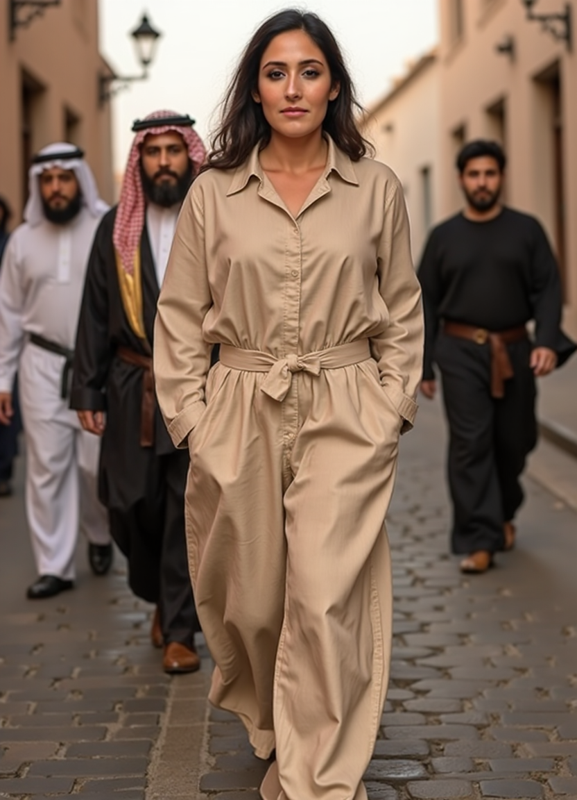 SFW, brightly lit, The image shows a woman walking on a cobblestone street. She is wearing a long, beige jumpsuit with a belt cinching her waist. Her e hair is styled in loose waves and she is looking directly at the camera with a serious expression. Behind her, there are several men wearing traditional Arab clothing, including robes and headscarves. The street is lined with buildings and there are street lamps hanging from the buildings. The overall mood of the image is somber and contemplative., aidmaimageupgrader<lora:flux\custom\celebrity\rikki-lake.safetensors:1.05:1.05> <lora:flux\turbo-8-step-flux.safetensors:0.5:0.5> <lora:flux\style\Common\aidmaImageUprader-FLUX-v0.3.safetensors:0.25:0.25>