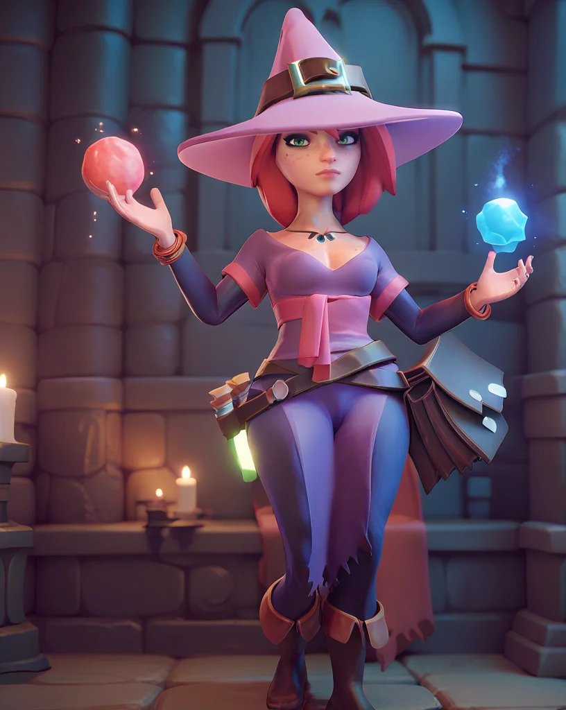 score_9, score_8_up, score_7_up, score_6_up, 1girl, nwizardess, looking at viewer freckles, witch, magic , dungeon <lora:Nahelbeuk Wizardess-000035:1>