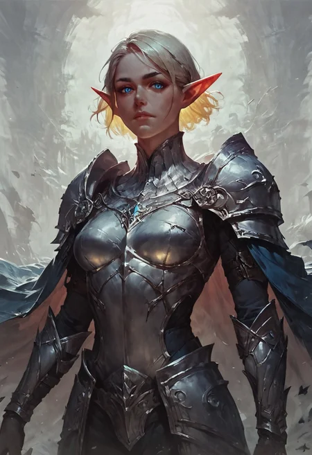 score_9, score_8_up, score_7_up, looking at viewer, 1girl,concept art, realistic, dark theme, good lighting elf, pointy ears, blonde hair, blue eyes, short hair, shoulder hair, silver armor, long cape,