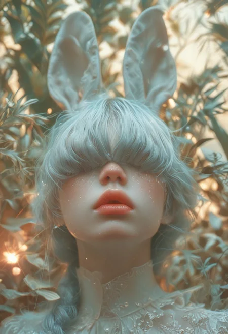 (Score_9:1.1), score_8_up, score_7_up,
(limited lighting, high contrast, laser beams, highres, closed_mouth:1.4, absurdres) 
Fl0ralD0lls 
solo, bunny ears, human woman, curious, (ferns:1.3), realistic, focus on face, hime cut, pacific blue hair, (hair over eyes:1.3),((hair in very long single braid)), big lips, full lips, glossy lips, matte skin, matte colours