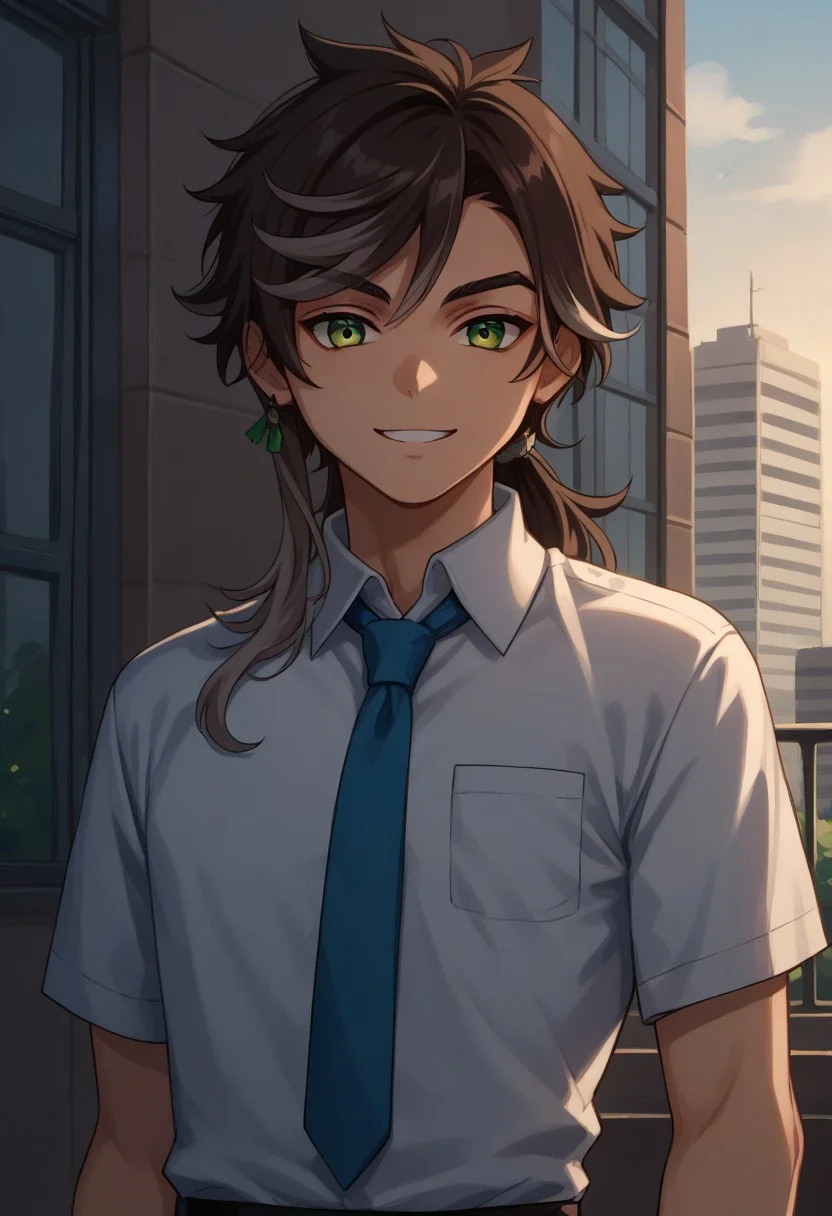 score_9, score_8_up, score_7_up, source_anime, highly detailed,
sethos, 1boy, male focus, solo, dark skin, dark-skinned male, multicolored hair, two-tones hair, streaked hair, brown hair, black hair, long hair, green eyes, school uniform, shirt, collared shirt, white shirt, necktie, short sleeves, smile
outdoor, contemporary, buildings, sky,