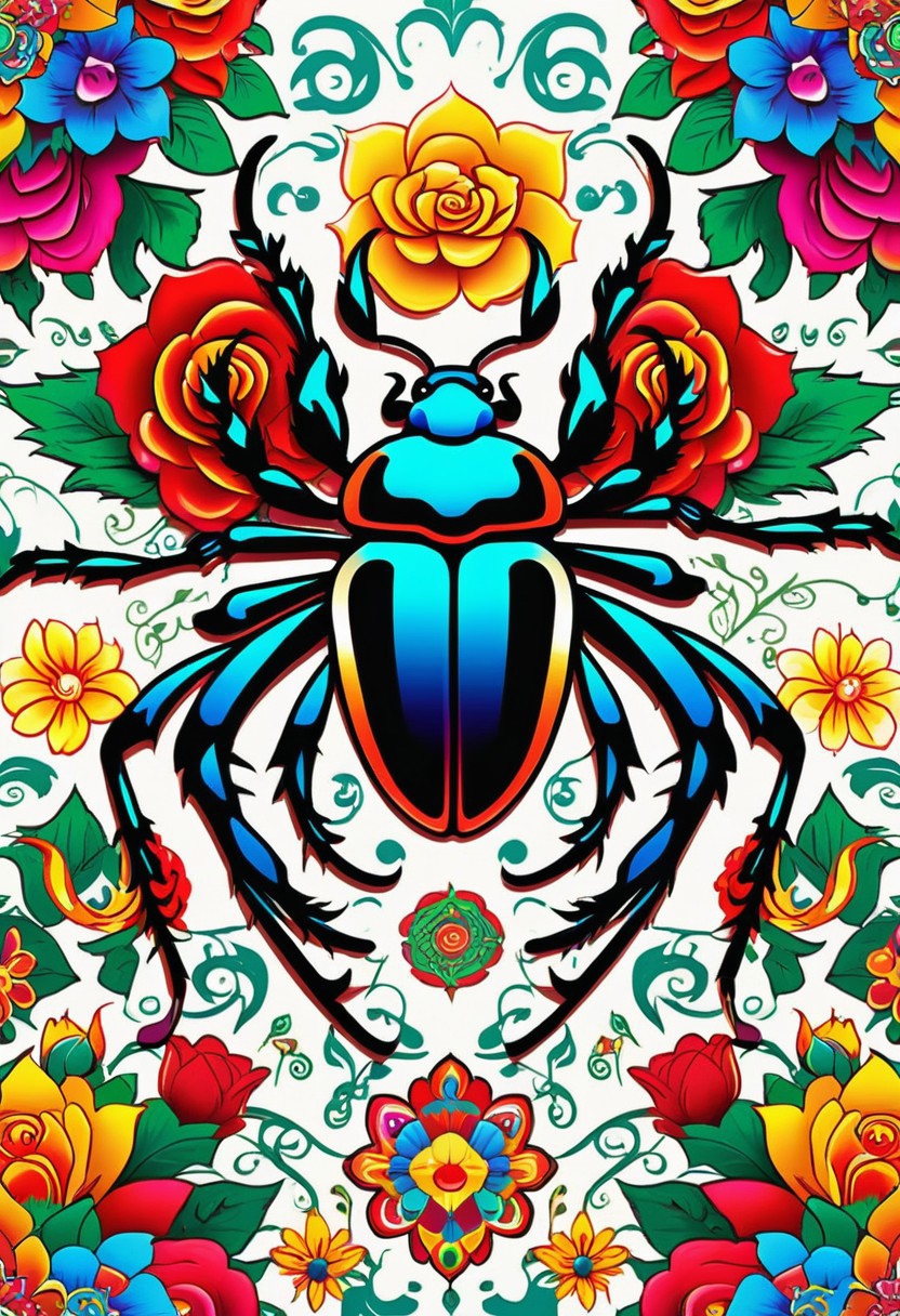 detailed colorful bright and bold collage extra quality , ED Hardy tattoo artwork ,Ed hardy  look alike art,  mean, (((tribal beetle   , seamless collage, mandala,  wallpaper  )) illistrations, complete bold art work and characters, solid lines,  easily distinguishable , distinguishable easily witnessed and convincing artwork masterwork, cartoon, illistrations,  big bold art , lots of flowers, spiders, ribbons, and flying sparrows, knives,   crosses, roses, dragons, chinese dragons  snails in the backgrounds
masterpiece, excellent work,  full pages ,digital art,  3D like artwork, popping from the screen, perfection,  perfect art, perfect digital art work, bold crisp white background