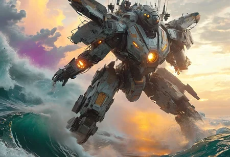 An establishing shot of a futuristic spaceship with focus on an extremely detailed panoramic background view of a vast ocean with towering backlit breaking waves, sea spray, and mist, and megastructures on the horizon. Intriguing stunning mysterious epic sci-fi fantasy scene. Hyperrealistic, mixed media, ultra-detailed, ray-traced, award-winning, light leaks, lens flare, volumetric light scattering, high contrast, implied motion, deep depth of field, vibrantly colorful, complementary colors, color graded