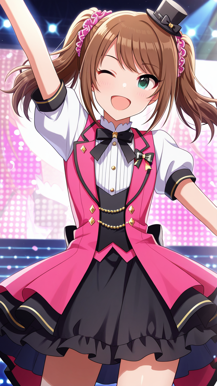 solo, wink, smile, open mouth, cute, hat, hat bow, mini top hat, apron, idol, starting brighty (idolmaster), black dress, pink vest, puffy short sleeves, pink vest, white shirt, black bow, black bowtie, black ribbon,, masterpiece, best quality, amazing quality, very aesthetic, absurdres, newest, anime screencap, <lora:sakimizushimaILM:1>, mizushima saki, otoko no ko, brown hair, green eyes, twintails, long hair, hair ornament, sidelocks, pink scrunchie, swept bangs,