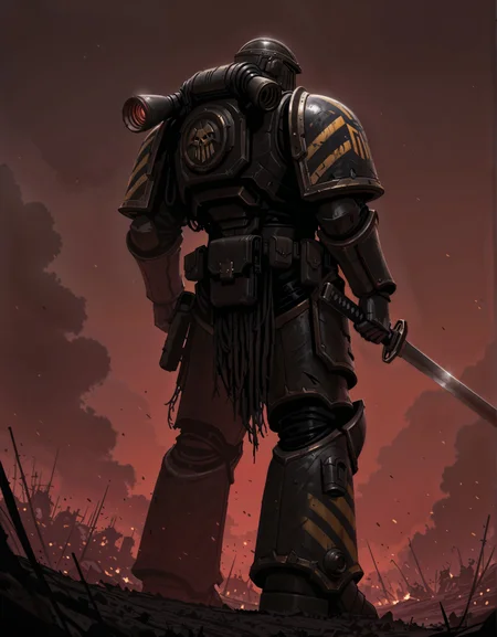 masterpiece, best quality,high quality, newest, highres,8K,HDR,absurdres, IronW40k, 1boy, solo, helmet, power armor, holding a katana, in a battlefield, apocalyptic, grimdark, mid shot, <lora:ILLIronW40k:1>