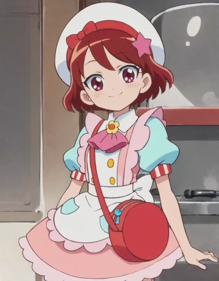 score_9, score_8_up, score_7_up, anime screencap, solo,1girl skirt, apron,ascot bow,white beret,short hair, smile, star hair ornament, red hair, bag, red eyes, brown hair, looking at viewer, cowboy shot,blush <lora:kenjoumiku:0.8>