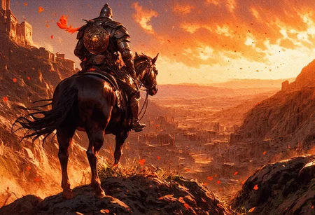 The image features a character riding a horse through a rocky landscape filled with fallen leaves. The rider, clad in metallic armor and holding a shield with a lion emblem, gazes towards a serene yet ominous sunset. The sky is painted in hues of orange and gold, creating a dramatic backdrop. In the distance, silhouettes of ruins and structures can be seen against the horizon, while gentle hills and trees dot the scenery. The overall atmosphere suggests an adventurous and mystical journey.