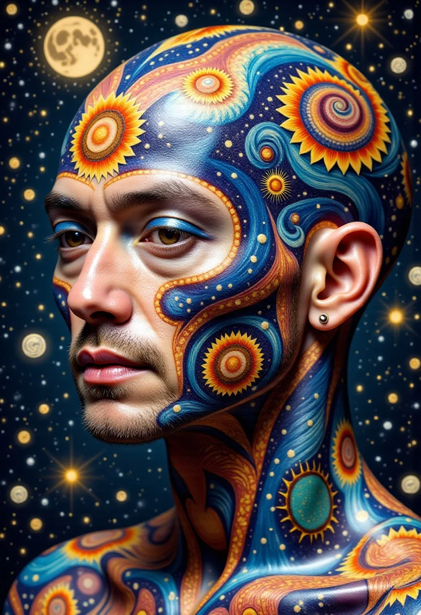 A head close-up of an ajpasbot, a faceless Yakuza android, inspired by traditional irezumi tattoo art, reimagined in a surreal, chaotic dreamscape painted in the swirling brushstrokes of Van Gogh. The android's head is a porcelain-smooth dome, completely featureless, sculpted with soft, flowing curves. Its surface is covered in an impasto of thick, expressive oil paint textures—swirling spirals, turbulent strokes, and emotional waves of color.
Rather than bees and honeycombs, the surface transforms into a vast celestial storm inspired by Van Gogh’s night sky—fractured stars, swirling constellations tumbling through a sea of indigo. Golden suns burst like supernovae, and twisting vines and smoky spirals radiate outward from the center of the head, mimicking the universe in motion. The hues blend together—electric blues, violent yellows, deep ochres, and twilight purples—yet vibrantly illuminated with striking neon luminous orange highlights.
Within this cosmic tapestry, shifting shapes like windswept sunflowers, drifting koi fish, and warped temple roofs emerge and dissolve, constantly shifting as if painted by a mind on the verge of waking. Microscopic dreamlike fragments hide within the brushwork—melting eyes, curling smoke, and fading calligraphy, subtly dissolving into the void.